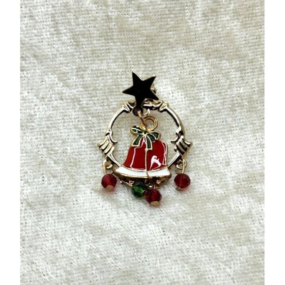 Vintage Red,Gold,Green Enamel Wreath Star and Bell Pin - Picture 3 of 4